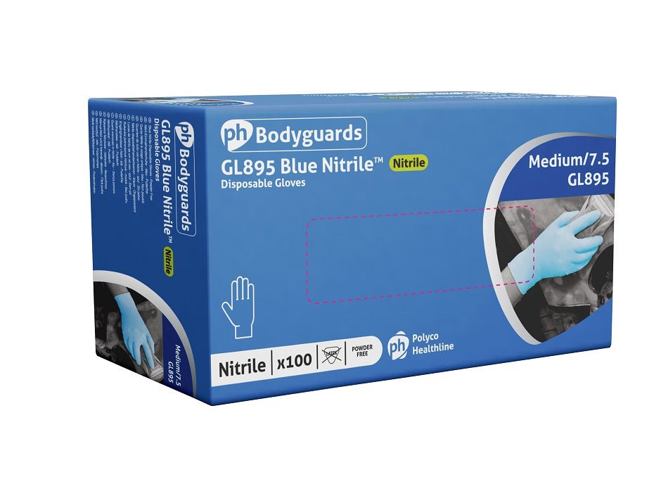 Box 100 Bodyguards GL895 Blue Nitrile Powder Free Disposable Gloves - McCormickTools