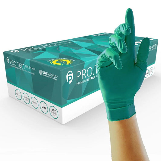 Box 100 PRO TECT Green HD Green Nitrile Disposable Gloves Unigloves GA008