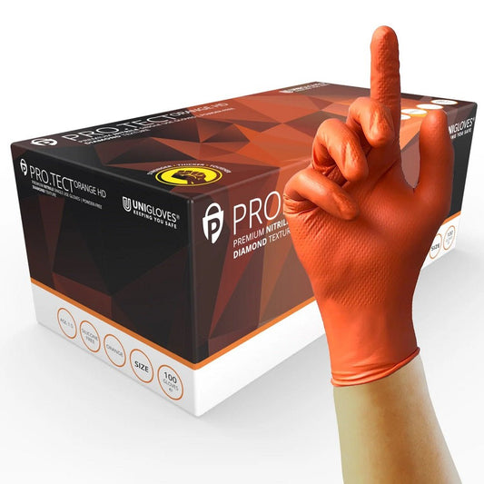 Box 100 Pro.TECT Orange Diamond HD Nitrile Disposable Gloves Unigloves GA005