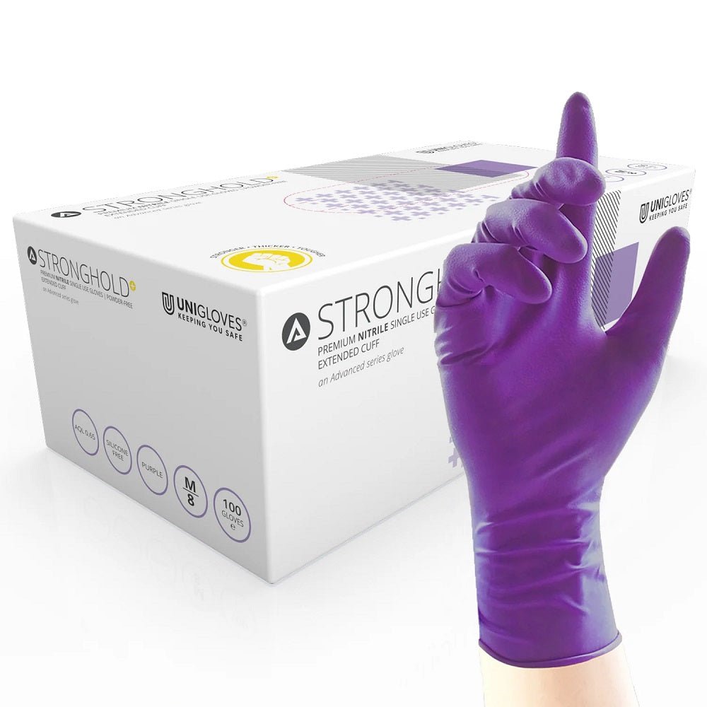 Box 100 Stronghold+ Long Cuff Unigloves Purple Nitrile Heavyweight Disposable Gloves GM007