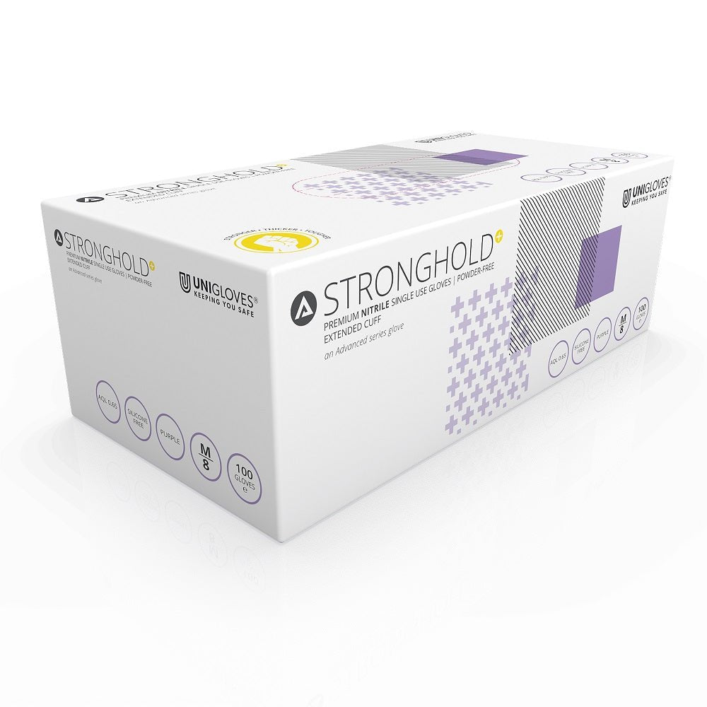 Box 100 Stronghold+ Long Cuff Unigloves Purple Nitrile Heavyweight Disposable Gloves GM007