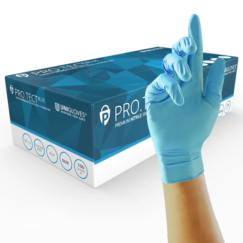 Box 100 Unigloves PRO TECT Blue Heavy Duty Nitrile Disposable Gloves GU004-McCormickTools