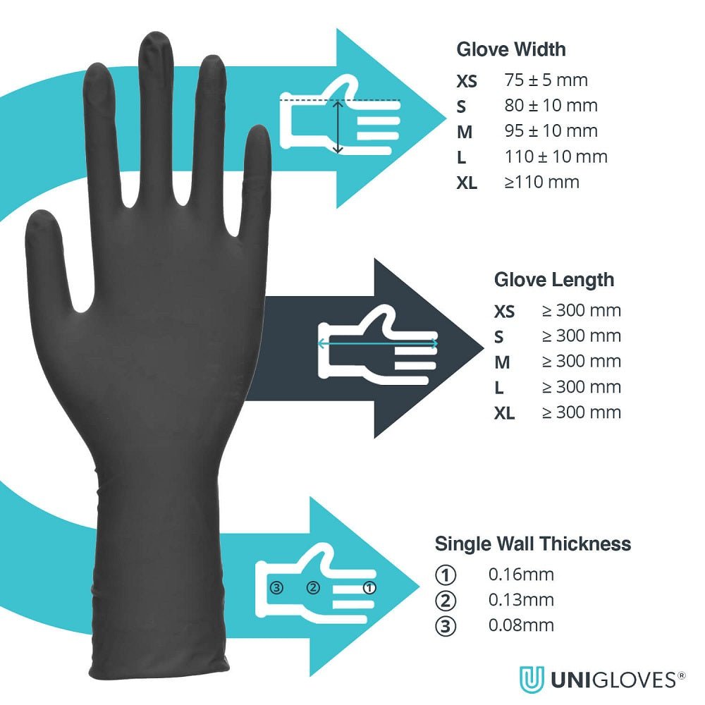 Box 100 Unigloves Select Black Long Cuff Black Latex Disposable Gloves GT001