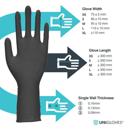 Box 100 Unigloves Select Black Long Cuff Black Latex Disposable Gloves GT001