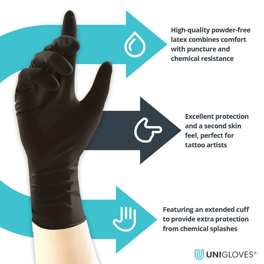 Box 100 Unigloves Select Black Long Cuff Black Latex Disposable Gloves GT001