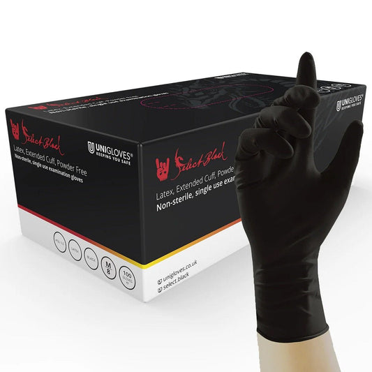 Box 100 Unigloves Select Black Long Cuff Black Latex Disposable Gloves GT001