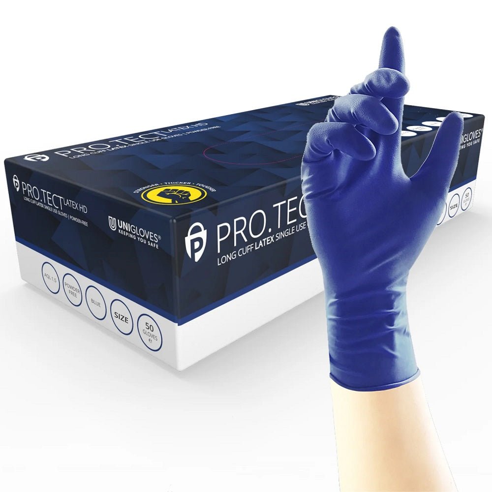 Box 50 Unigloves PRO.TECT Blue Latex HD Heavy Duty Disposable Gloves Long Cuff GA001 - McCormickTools