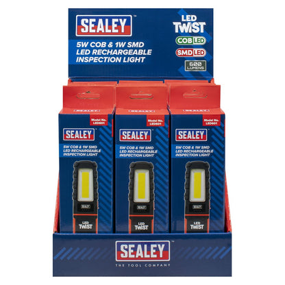 Sealey LED601DB LED Twist Rechargeable Inspection Light 5W COB & 1W SMD - Display Box of 12