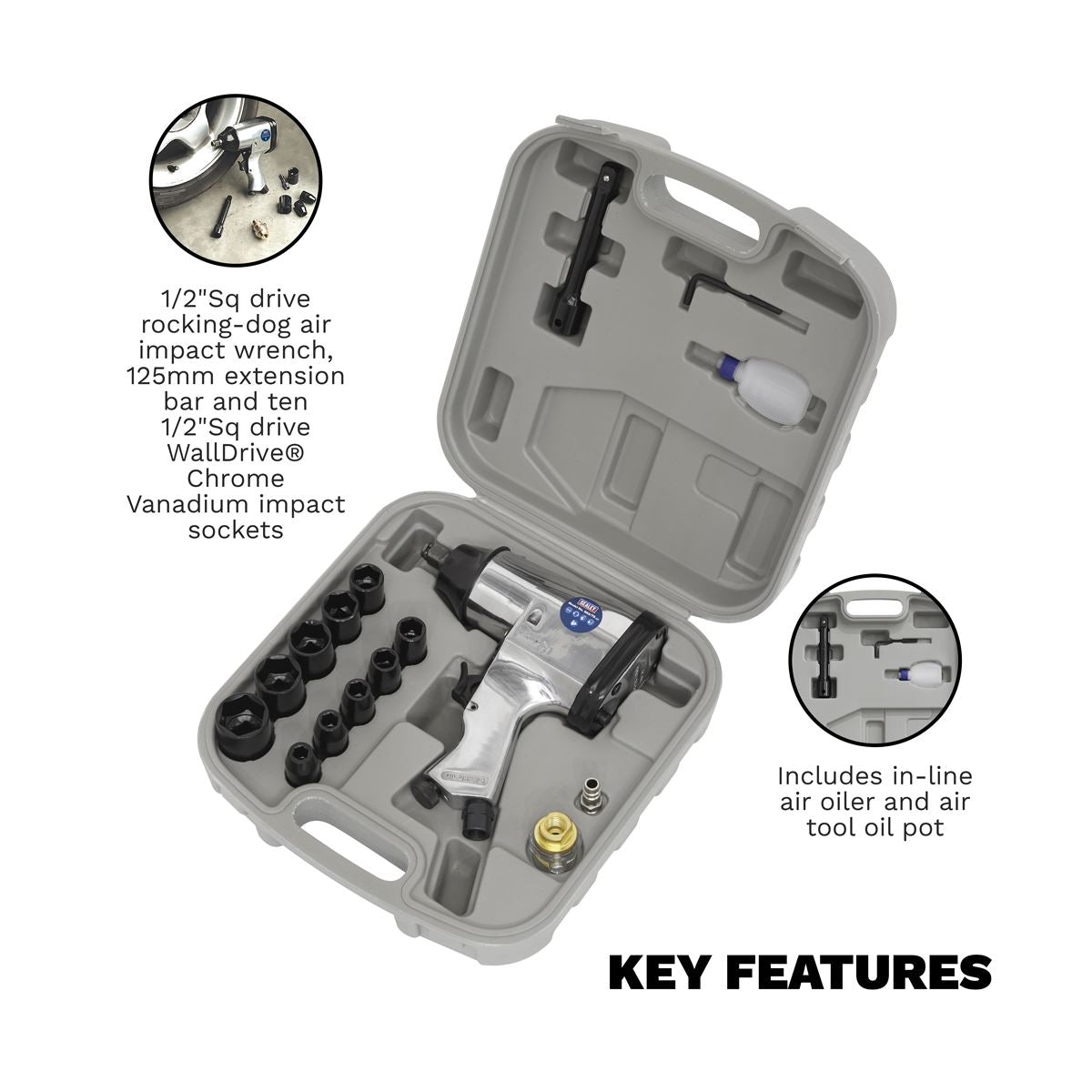 Sealey SA2/TS Air Impact Wrench Kit with Sockets 1/2"Sq Drive