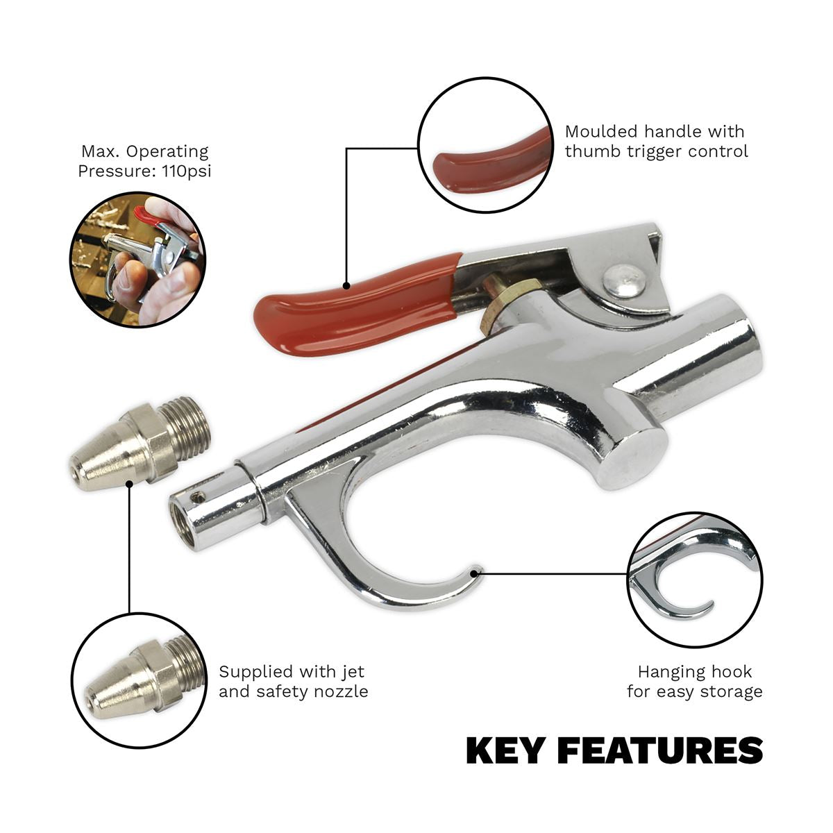 Sealey SA913 Air Blow Gun Palm Type with 1/4"BSP Air Inlet & Safety Nozzle