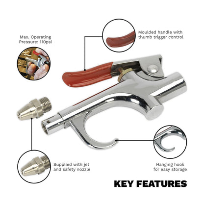 Sealey SA913 Air Blow Gun Palm Type with 1/4"BSP Air Inlet & Safety Nozzle