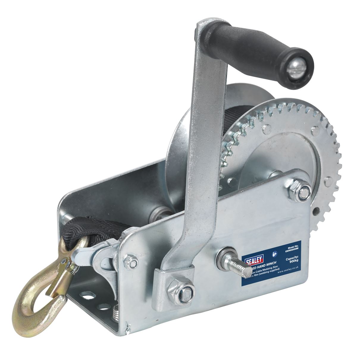 Sealey GWW2000M Geared Hand Winch 900kg Capacity with Webbing Strap-McCormickTools