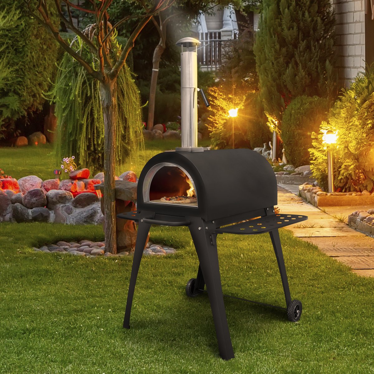 Dellonda DG103 Large Outdoor Wood - Fired Pizza Oven & Smoker with Side Shelves & Stand - McCormickTools