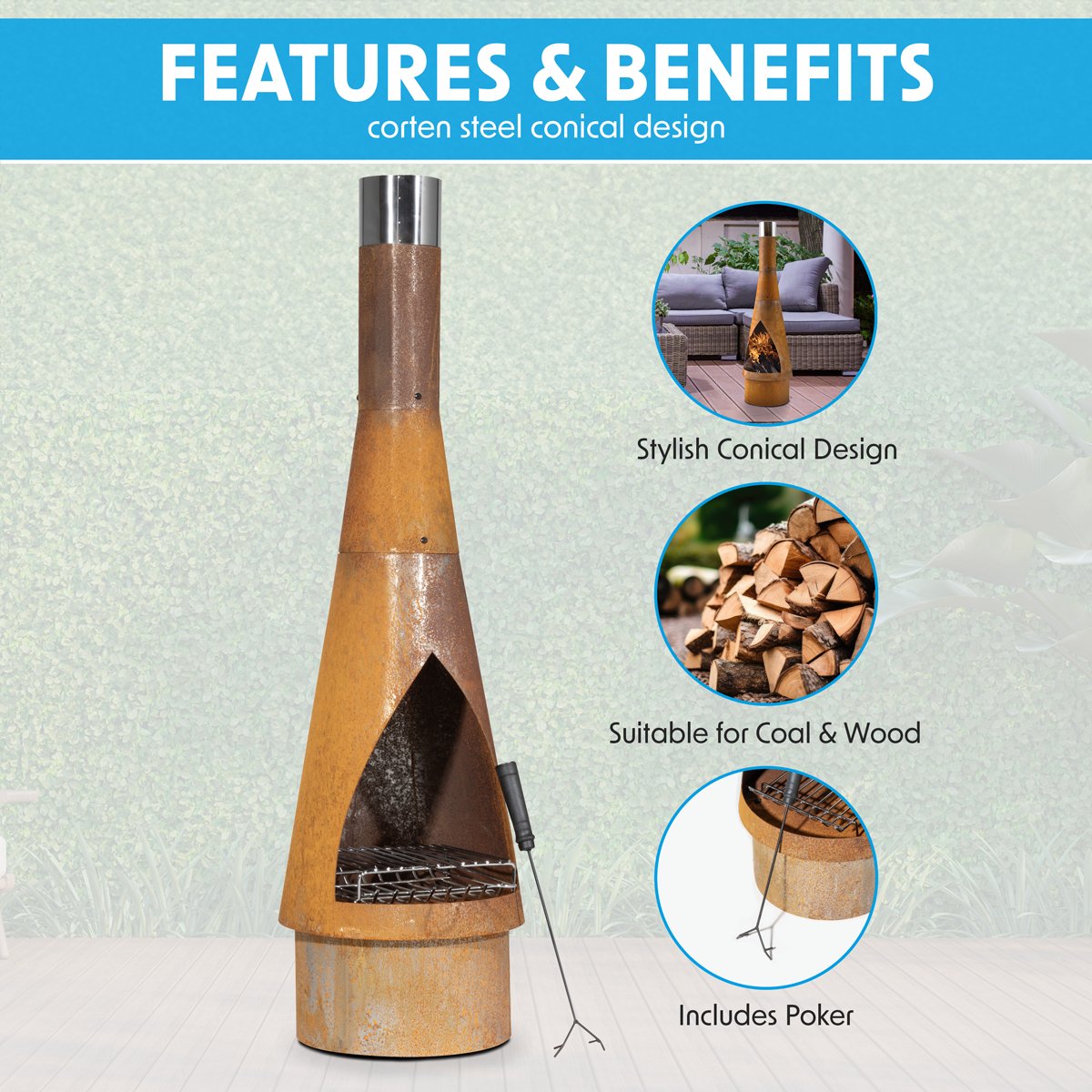 Dellonda DG110 Outdoor/Garden/Patio Conical Chiminea Fireplace Fire Pit Heater H127cm - Corten Steel - McCormickTools