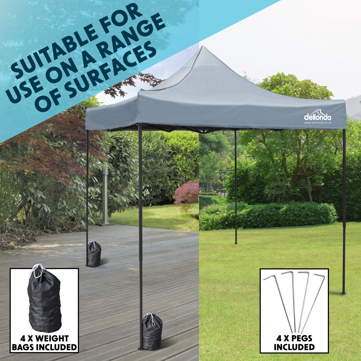 Dellonda DG129 Premium 2x2m Pop - Up Gazebo Heavy Duty PVC Coated Water Resistant Fabric Grey - McCormickTools