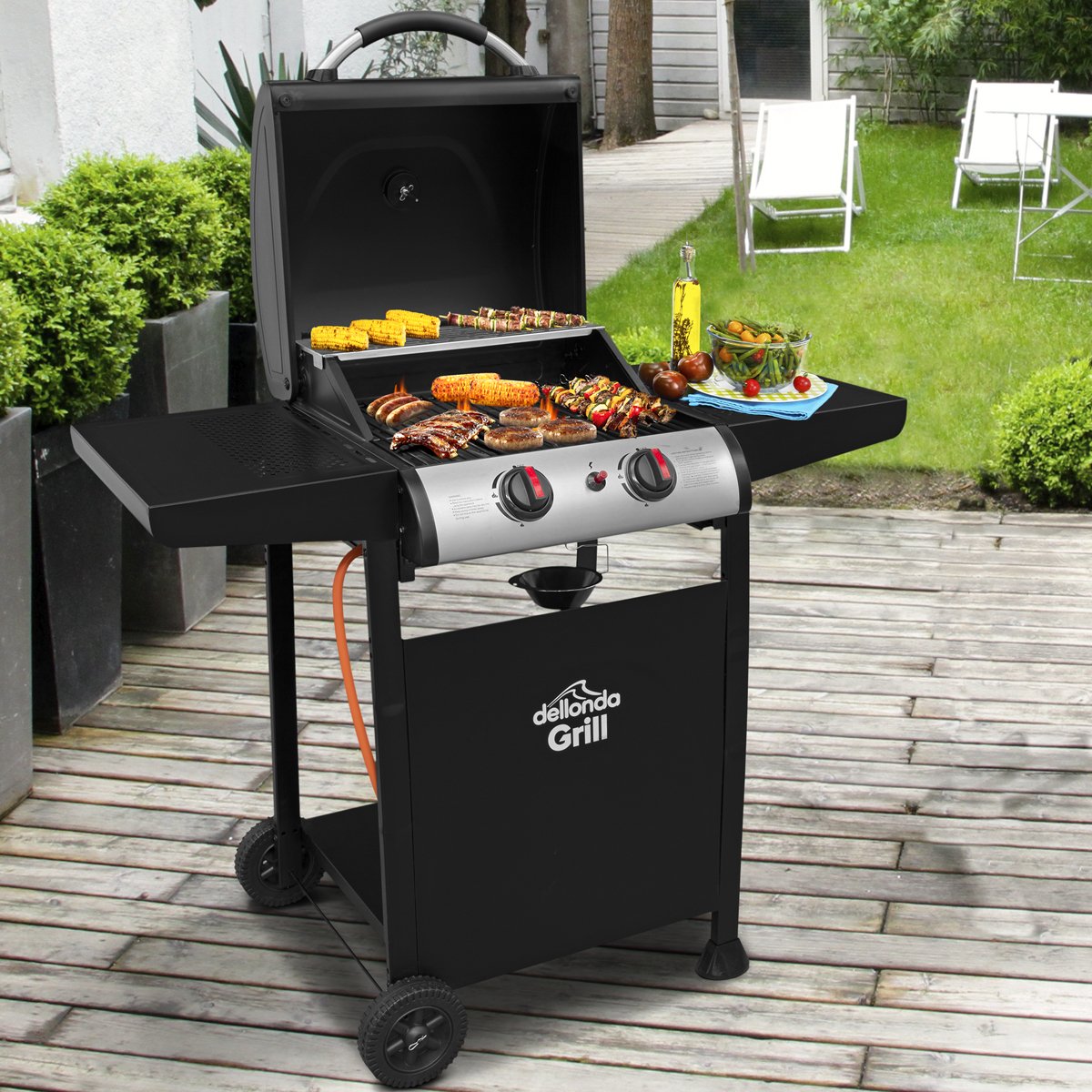 Dellonda DG13 2 Burner Gas BBQ Grill with Ignition & Thermometer - Black/Stainless Steel - McCormickTools