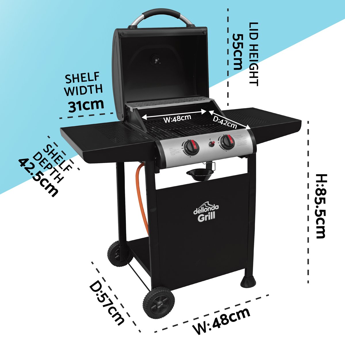 Dellonda DG13 2 Burner Gas BBQ Grill with Ignition & Thermometer - Black/Stainless Steel - McCormickTools