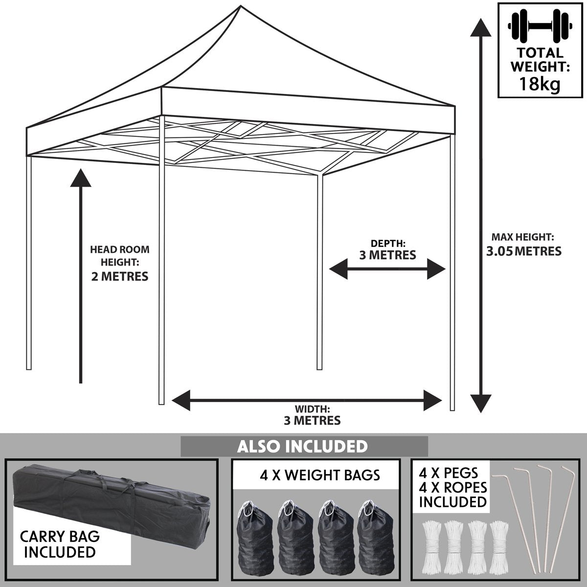 Dellonda DG133 Premium 3 x 3m Pop - Up Gazebo PVC Coated Water Resistant Fabric Grey - McCormickTools