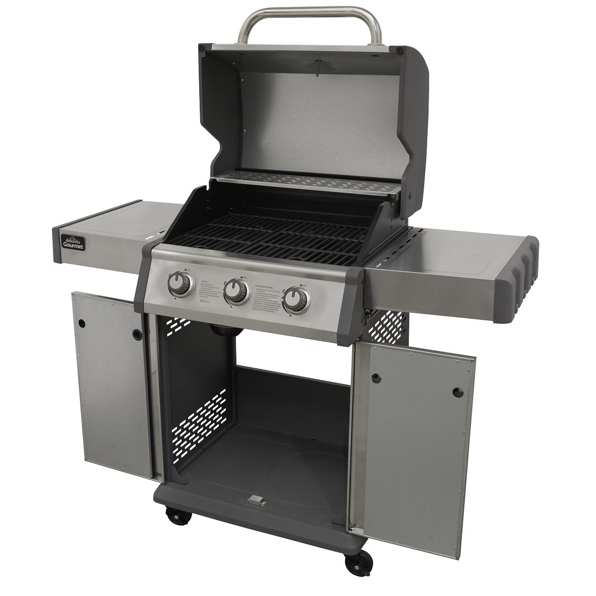 Dellonda DG16 3 Burner Deluxe Gas BBQ Grill with Piezo Ignition & Wheels - Stainless Steel