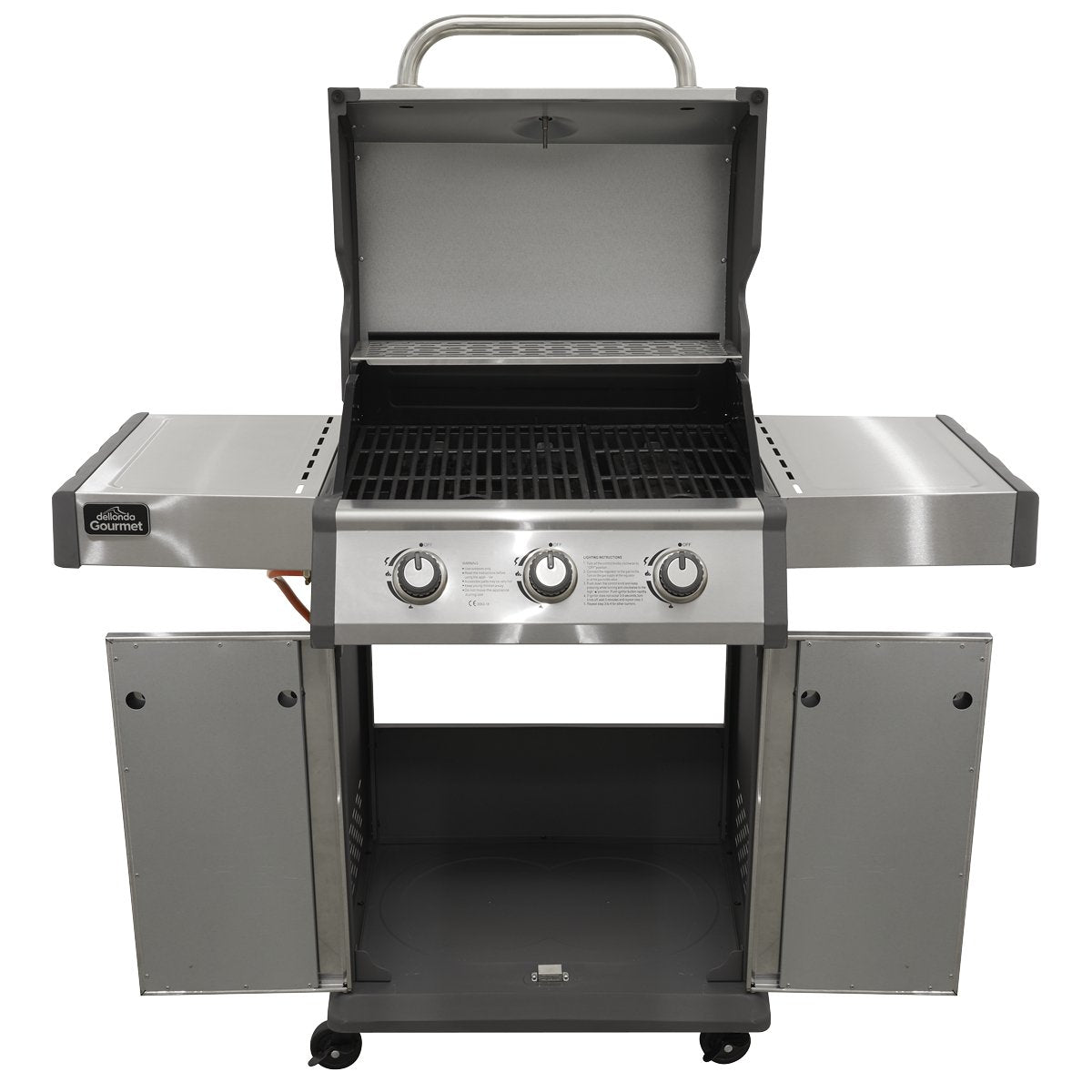 Dellonda DG16 3 Burner Deluxe Gas BBQ Grill with Piezo Ignition & Wheels - Stainless Steel