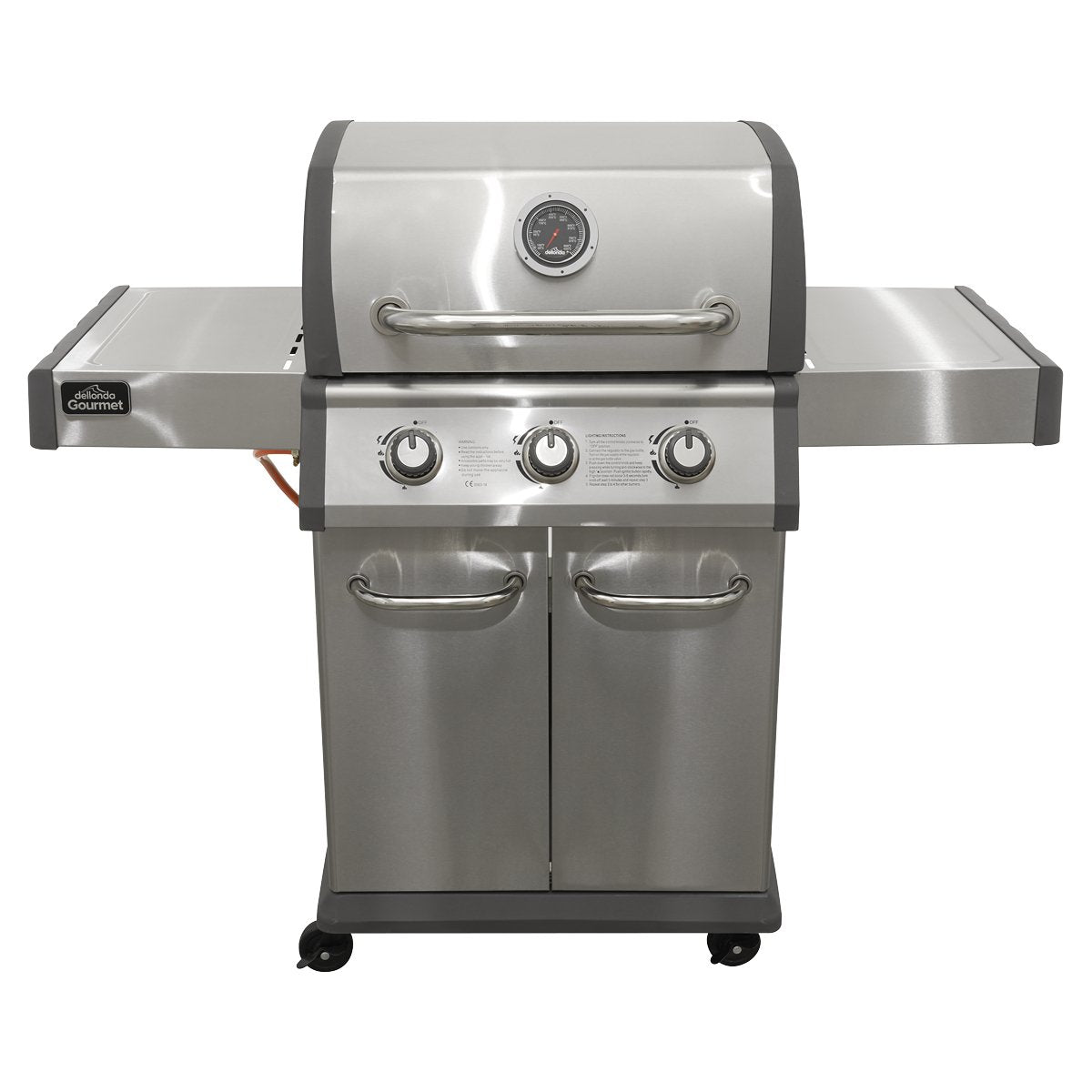 Dellonda DG16 3 Burner Deluxe Gas BBQ Grill with Piezo Ignition & Wheels - Stainless Steel