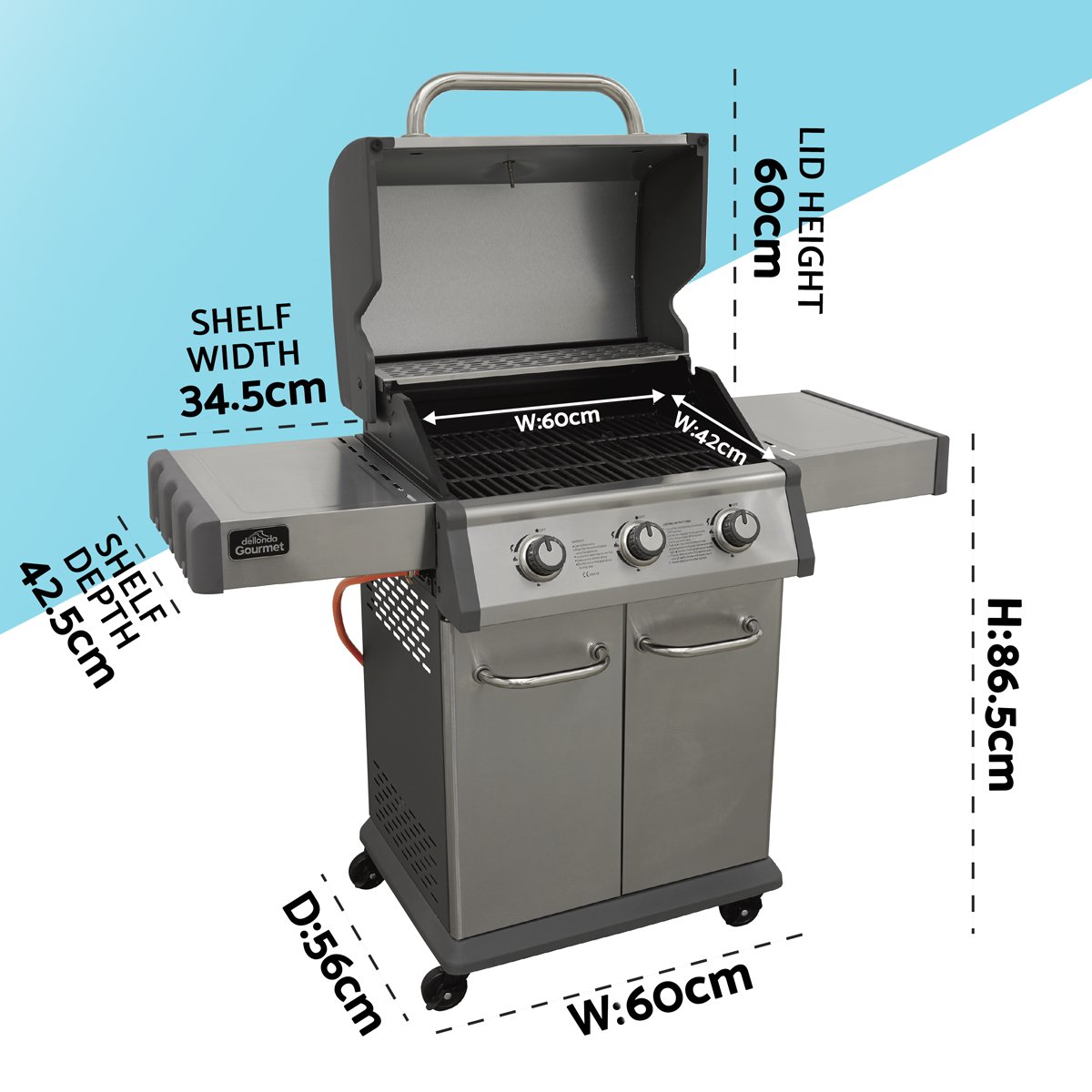 Dellonda DG16 3 Burner Deluxe Gas BBQ Grill with Piezo Ignition & Wheels - Stainless Steel