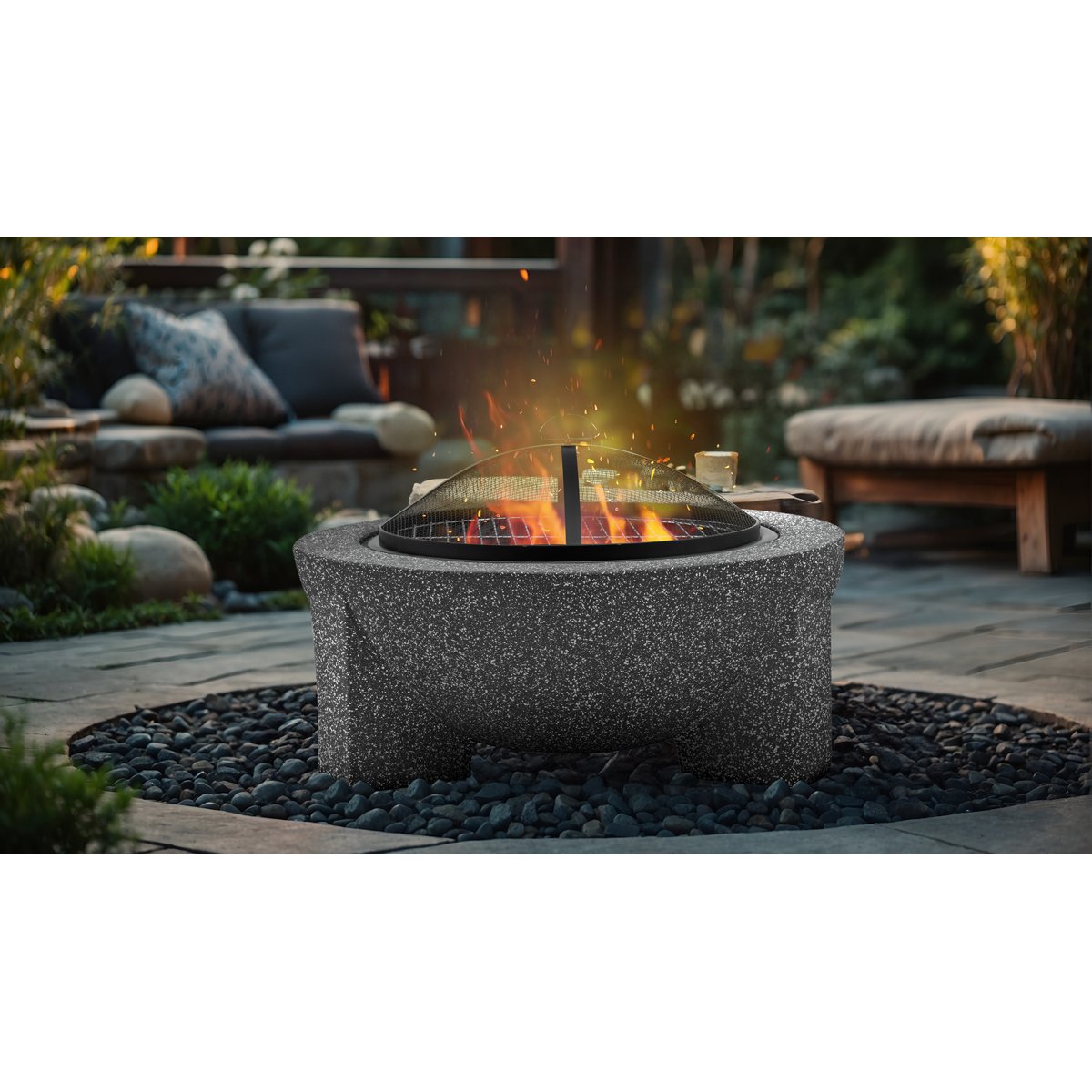 Dellonda DG191 Round MgO Fire Pit with BBQ Grill Ø75cm Safety Mesh Screen - Dark Grey - McCormickTools