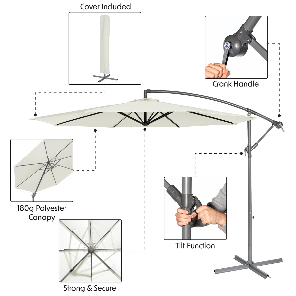 Dellonda DG265 Ø3m Banana Parasol/Umbrella for Garden Patio with Crank Handle 8 Ribs and Cover Cream Canopy - McCormickTools