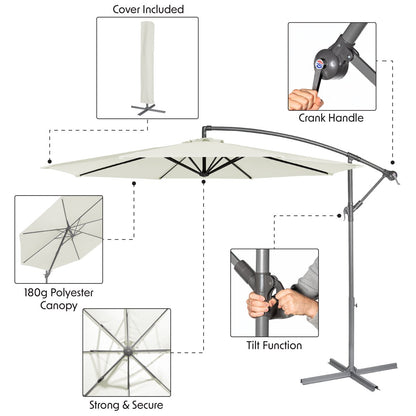 Dellonda DG265 Ø3m Banana Parasol/Umbrella for Garden Patio with Crank Handle 8 Ribs and Cover Cream Canopy - McCormickTools