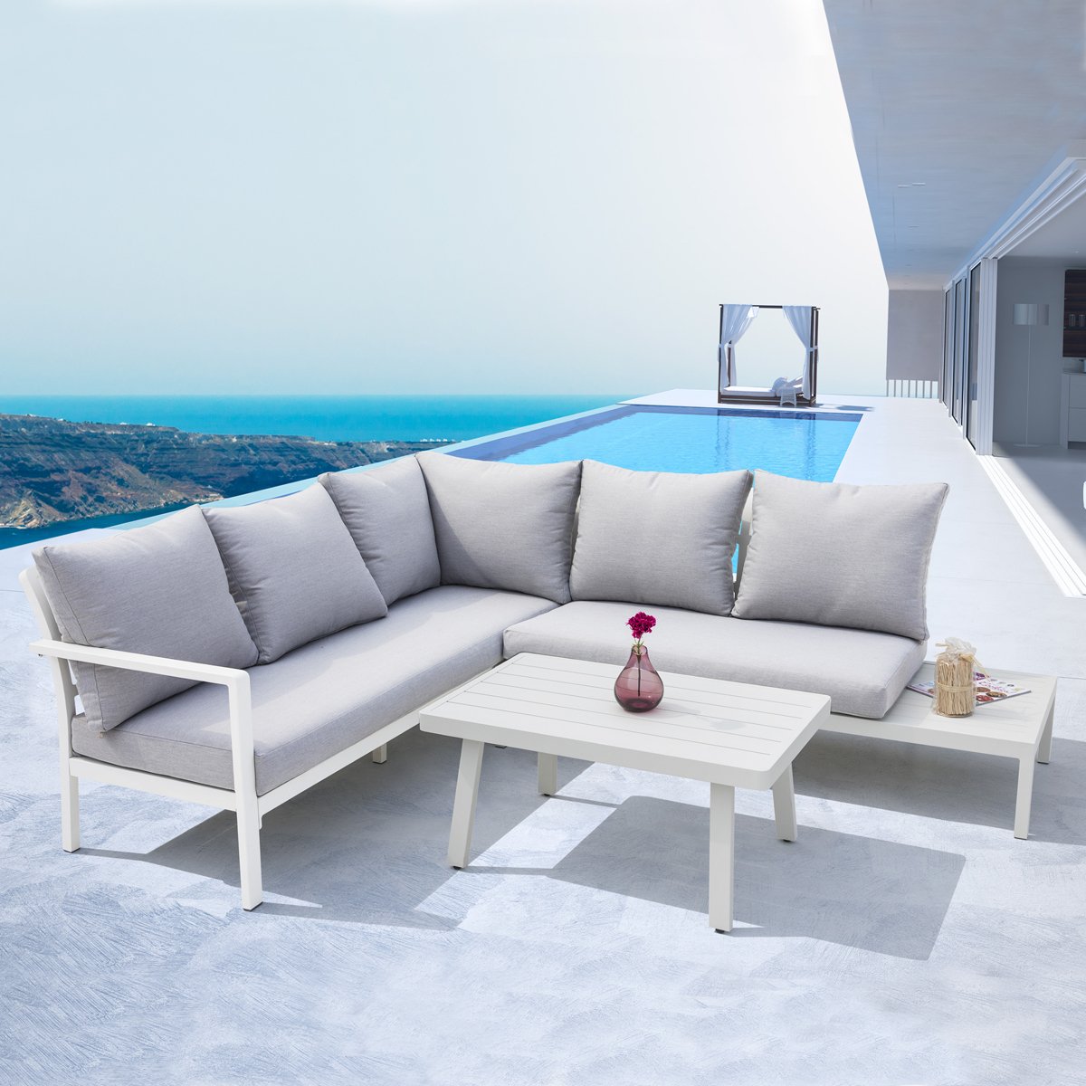 Dellonda DG53 Kyoto White 3 - Piece Outdoor Garden Corner Sofa & Coffee Table Set