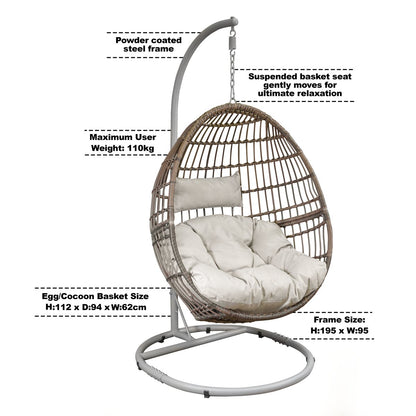 Dellonda DG60 Egg Hanging Swing Chair Wicker Rattan Basket Steel Frame Single