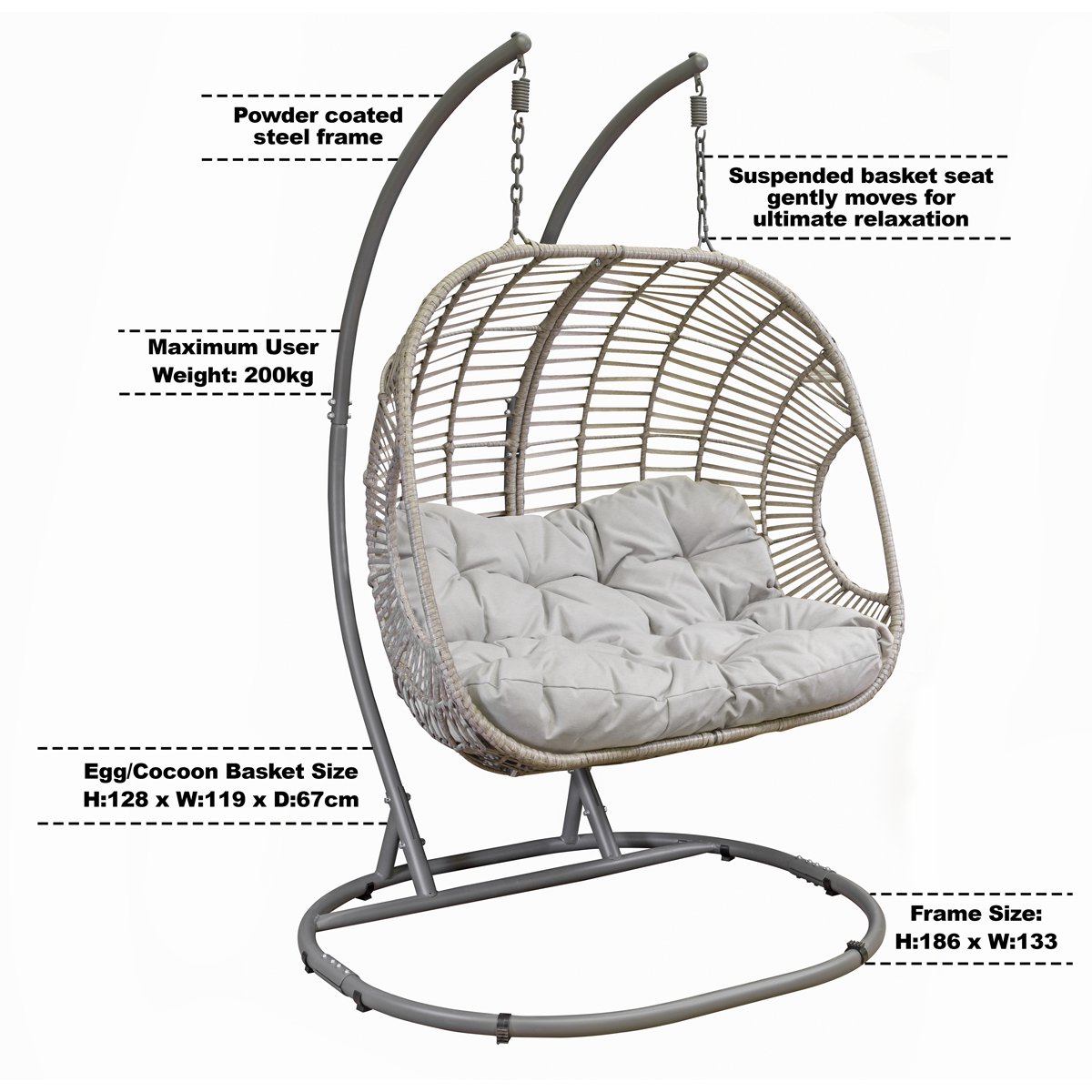 Dellonda DG61 Egg Hanging Swing Chair Wicker Rattan Basket Steel Frame Double