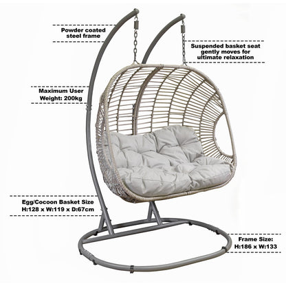 Dellonda DG61 Egg Hanging Swing Chair Wicker Rattan Basket Steel Frame Double