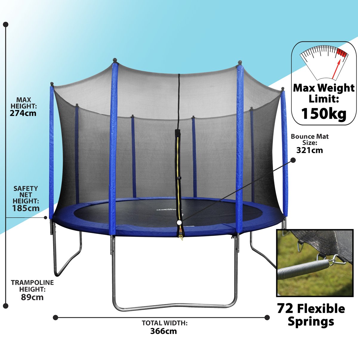 Dellonda DL69 12ft Heavy - Duty Outdoor Trampoline with Safety Enclosure Net