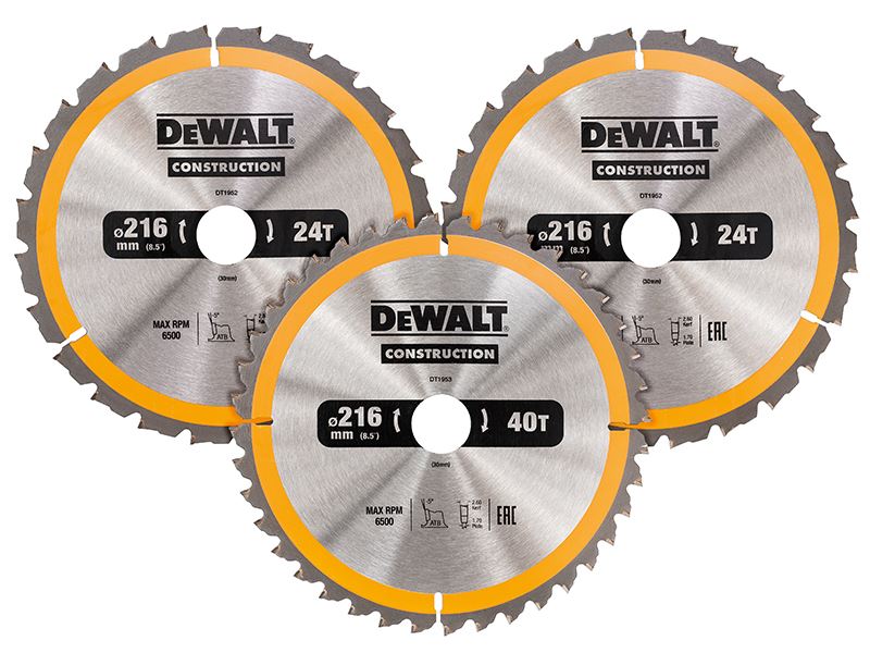 Dewalt Dt1962 Construction Circular Saw Blade 3 Pack 216 X 30mm 2 X 24t 1 X 40t