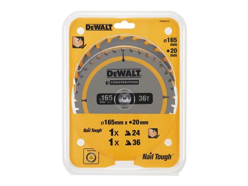 Dewalt Dt90270 Construction Circular Saw Blade 2 Pack 165 X 20mm X 24t/36t