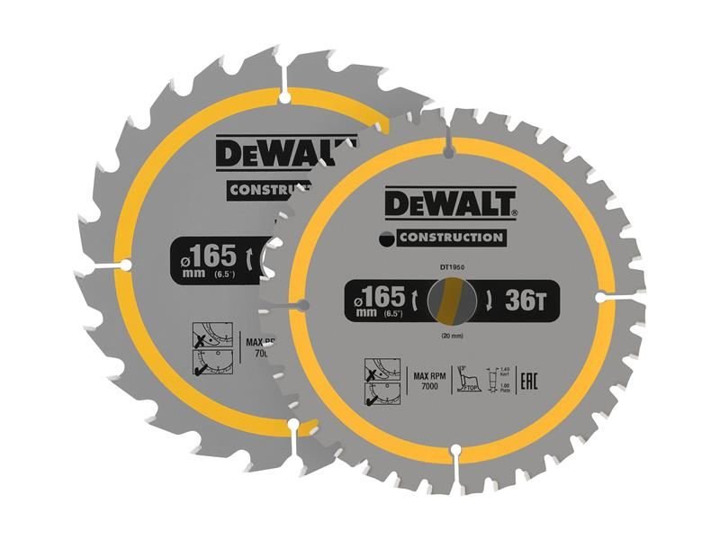 Dewalt Dt90270 Construction Circular Saw Blade 2 Pack 165 X 20mm X 24t/36t