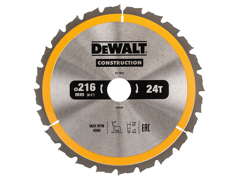 Dewalt Stationary Construction Circular Saw Blade 216 X 30mm X 24t Atb/Neg