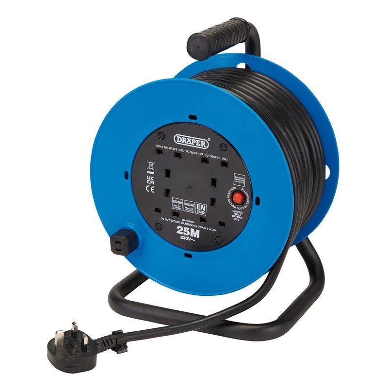 Draper 02122 Heavy Duty Industrial Four Socket Cable Reel 25m 230V 3210w