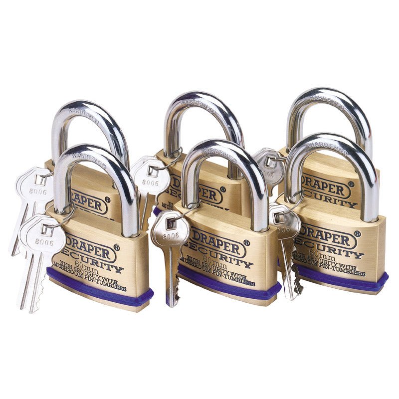 Draper Pack of 6 x 60mm Solid Brass Padlocks with Hardened Steel Shackle 67663