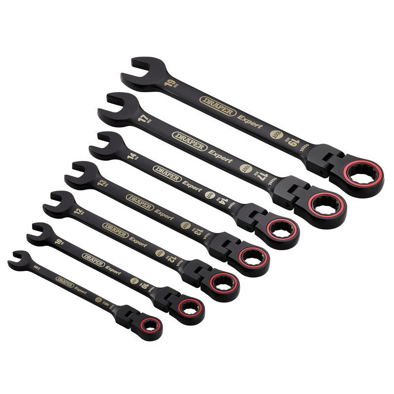 Draper 03927 Expert HI - TORQ? Metric Flexible Head Ratchet Combination Spanner Set Black 7 Piece