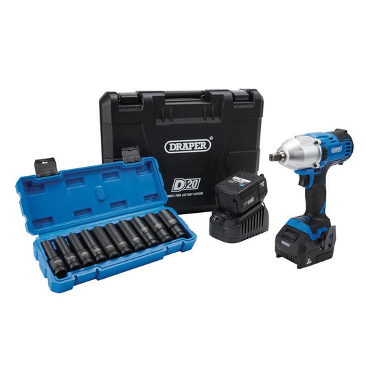 Draper 04791 D20 20V Brushless Mid - Torque Impact Wrench Kit 1/2" Sq. Dr 400Nm & Metric Deep Impact Socket Set 10 Piece