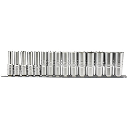 Draper 1/2" Sq. Dr. Metric Deep Sockets On A Socket Rail (15 Piece) - McCormickTools