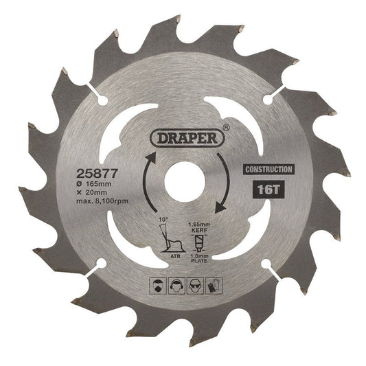 Draper 25877 TCT Cordless Construction Circular Saw Blade for Wood & Composites 165 x 20mm 16T