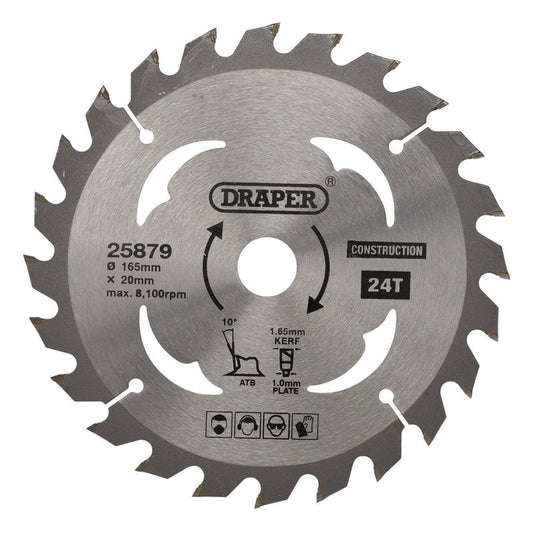 Draper 25879 TCT Cordless Construction Circular Saw Blade for Wood & Composites 165 x 20mm 24T