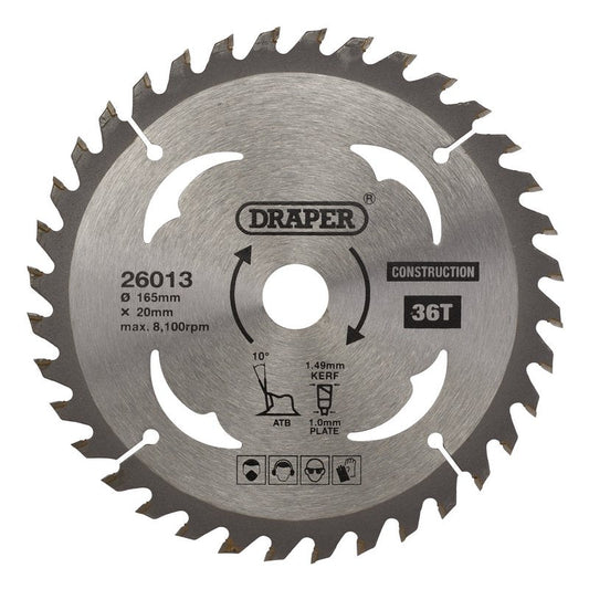 Draper 26013 TCT Cordless Construction Circular Saw Blade for Wood & Composites 165 x 20mm 36T