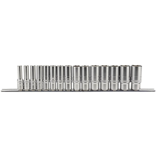 Draper 3/8" Sq. Dr. Metric Deep Socket Set On Metal Rail (15 Piece) - McCormickTools