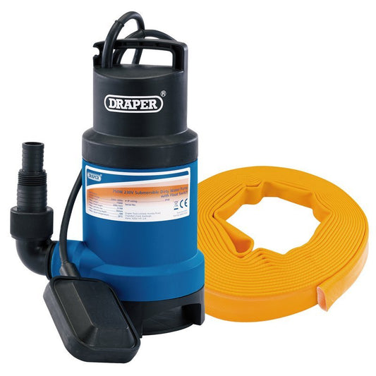 Draper 61814 200L/Min Submersible Dirty Water Pump Kit C/W Layflat Hose 10m x 25mm - Kit 1