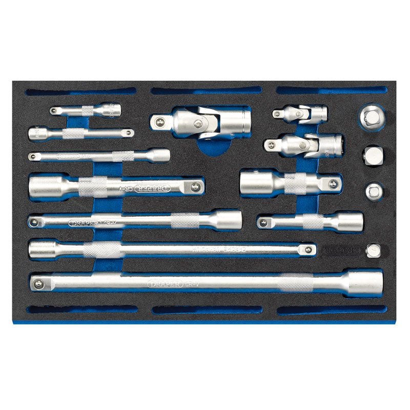 Draper 63530 Extension Bar Universal Joints and Socket Convertor Set 1/4 Drawer EVA Insert Tray 16 Piece