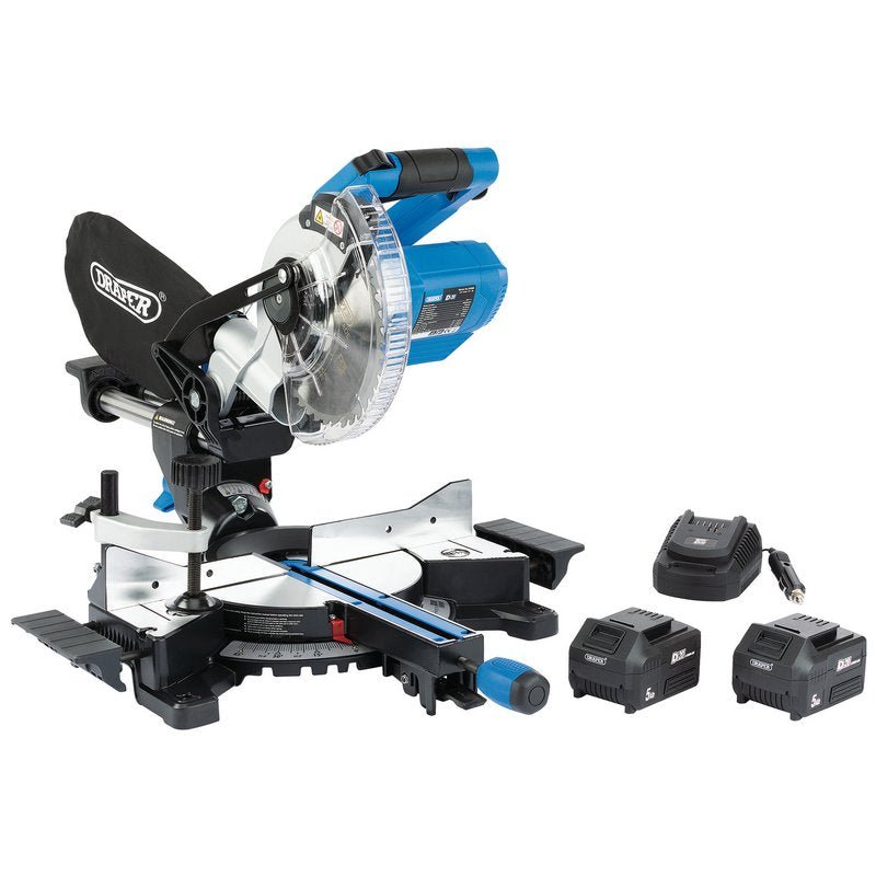 Draper 99631 D20 20V Brushless 185mm Sliding Compound Mitre Saw Kit +2 x 5Ah Batteries and 12V Charger